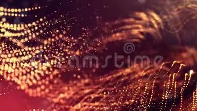三维金红色背景与奇妙的发光粒子。 具有景深、光效的三维立体动画
